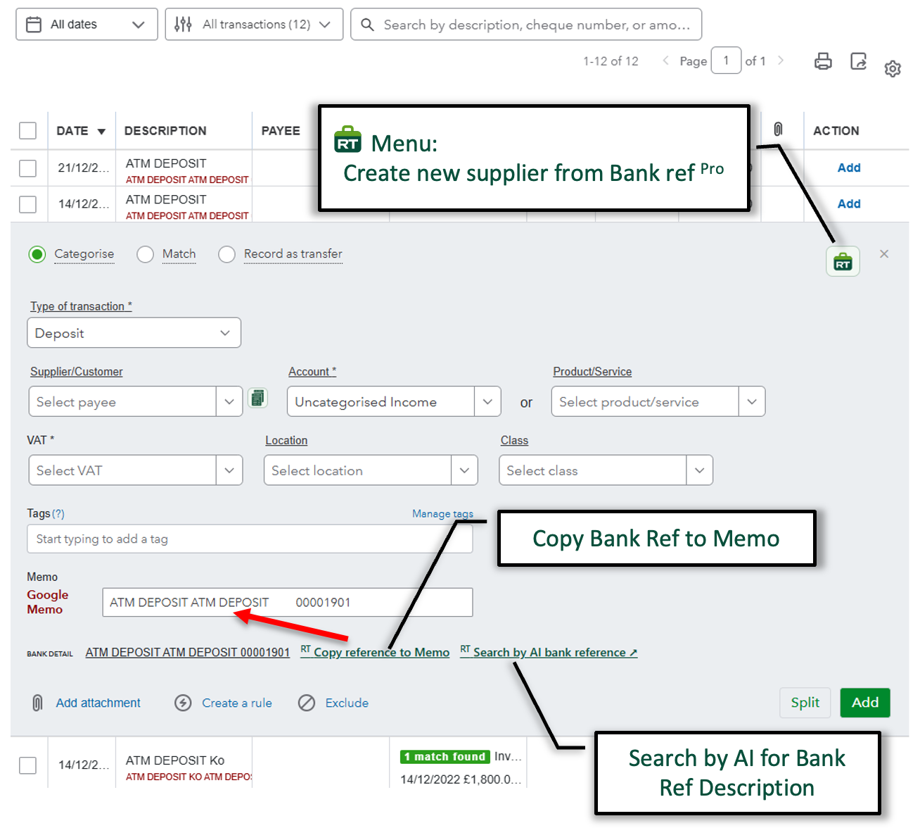 Annotated QuickBooks bank transaction showing RachelsTools actions to create a supplier from the bank reference, copy the reference to the memo and search the bank description with AI