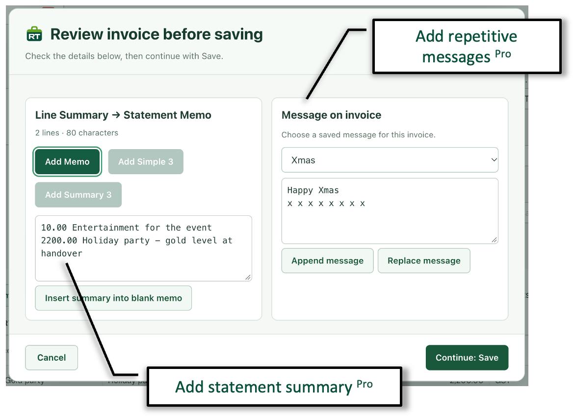 RachelsTools invoice review window with controls for creating a statement summary and adding a saved message