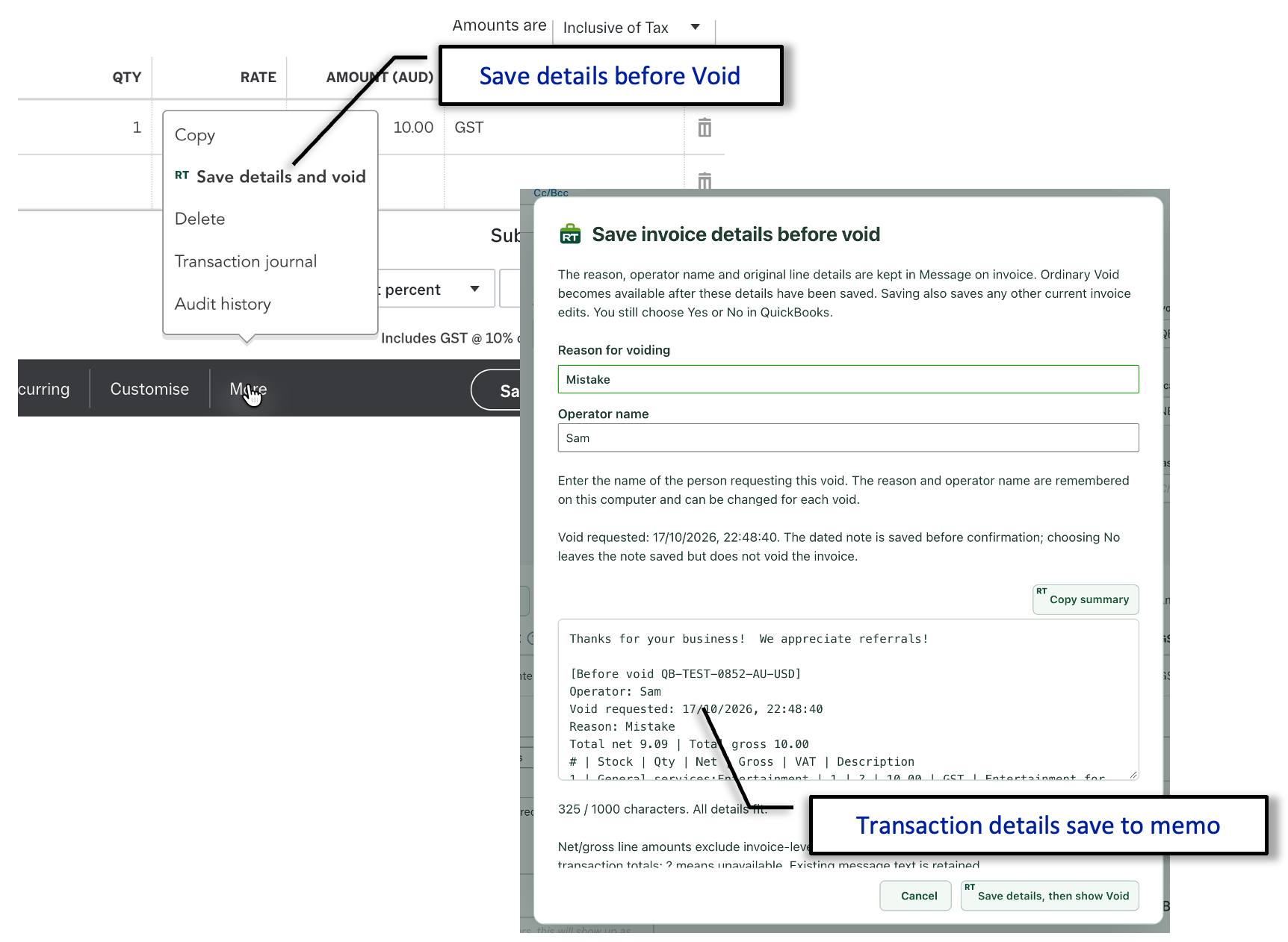 Annotated QuickBooks invoice showing the RachelsTools Save details and void action and a dialog that records the void reason, operator, timestamp and original transaction lines in the invoice memo
