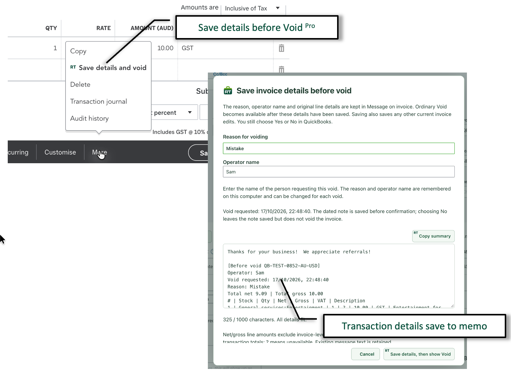 QuickBooks invoice showing RachelsTools saving the line details and reason before voiding