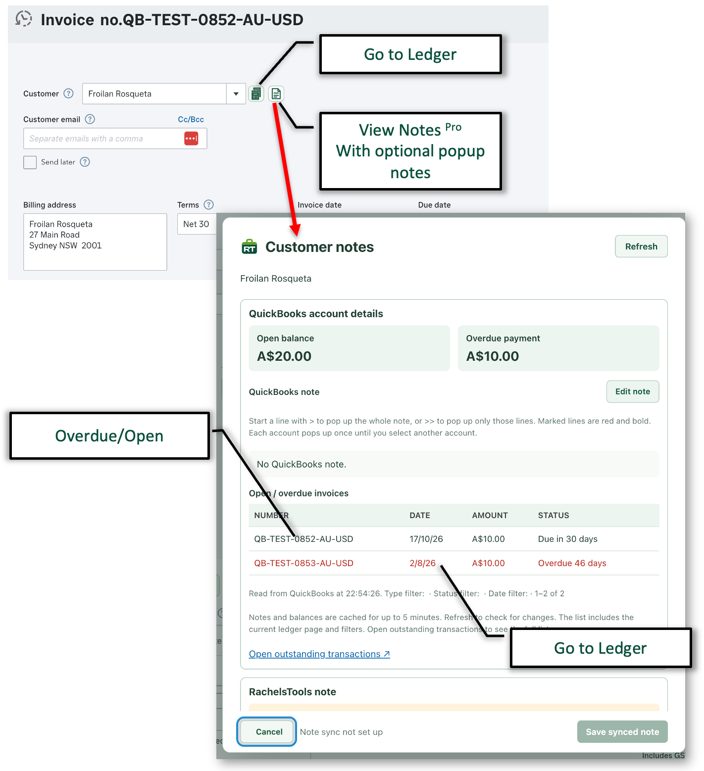 QuickBooks invoice with RachelsTools customer ledger, notes, open balance and overdue transaction information